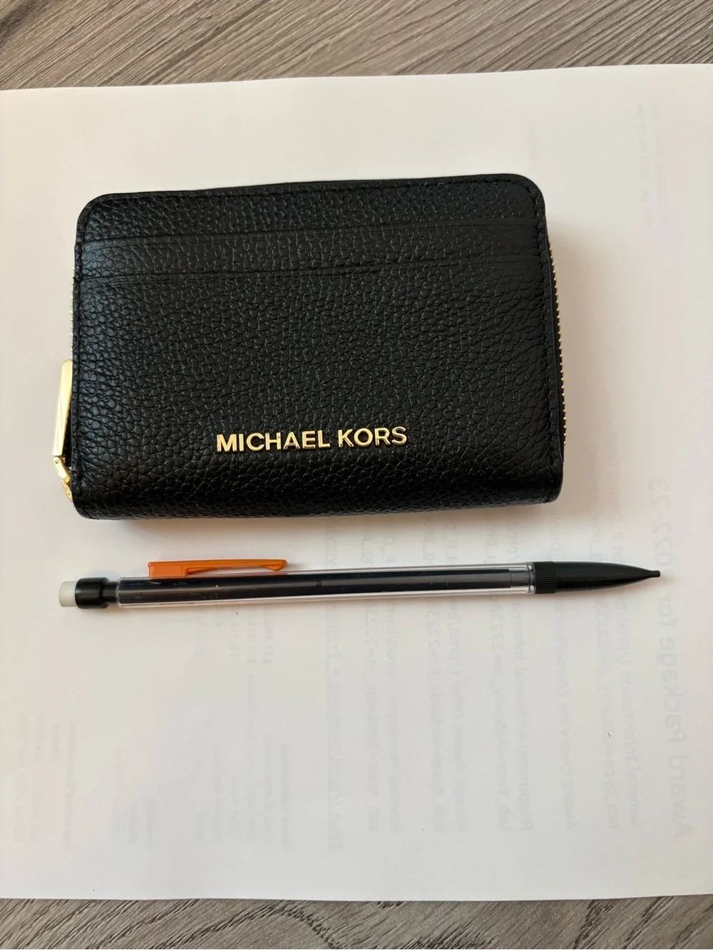Michael Kors Black Pebbled Leather Zip Card Holder with Gold Hardware